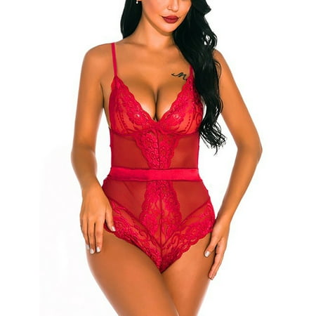 

Avamo Ladies Lingerie Lace Bodysuit Deep V Sleepwear Mini Nightwear See-through Club Babydoll Wine Red M