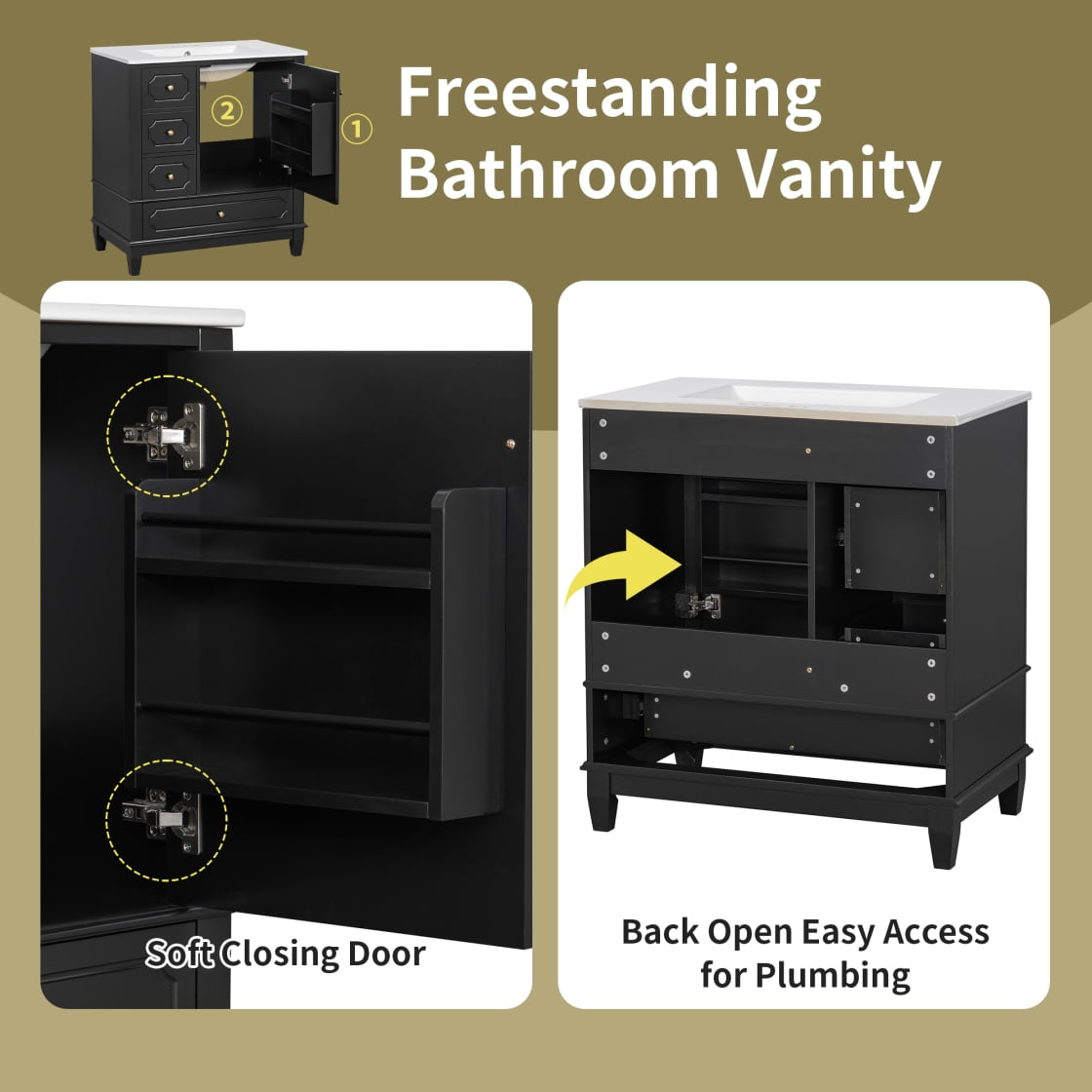 30" Bathroom Vanity with Ceramic Sink ,Soft-Close Door and 3 Drawers, Freestanding Vanity Cabinet with Storage Shelves,Solid Wood Frame Vanity for Bathroom, Black