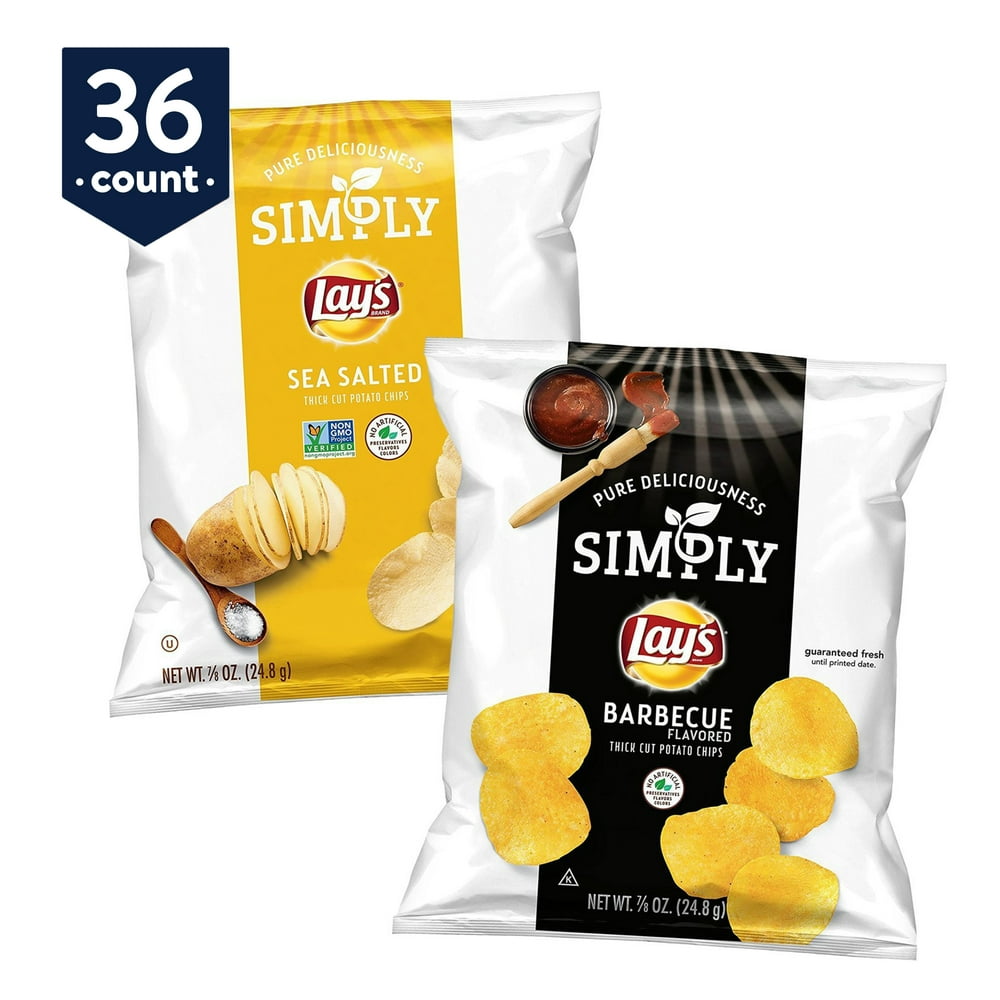 Simply Lay's Thick Cut Potato Chip Variety Pack, Classic & BBQ, 36