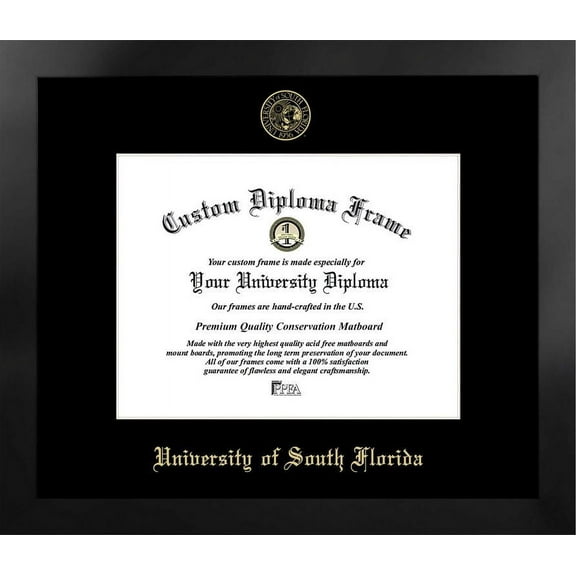 University of South Florida 11w x 8.5h Manhattan Black Single Mat Gold Embossed Diploma Frame with Bonus Campus Images Lithograph (value savings at $59)