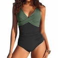 thumbnail image 2 of VISALY One Piece Swimsuits Tummy Control Ruched Push Up Color Block Crisscross V Neck Tie Back Full Coverage Bathing Suit Slimming Swimwear Wide Straps Swim Suit Wrap Swimwear Blackish Green L, 2 of 5