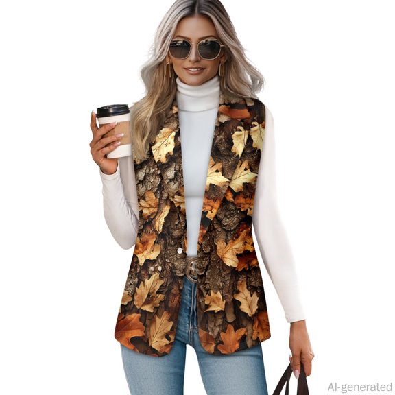 Chririnla Autumn Oak Leaves Bark, Classic Casual Business Vest for Summer Work 2026, Open Front Button Up Work Blazer Waistcoat
