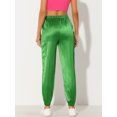 thumbnail image 4 of Pantalones cargo de satén sedoso de tiro alto elástico con cordón para mujer Verde brillante XS, 4 of 6