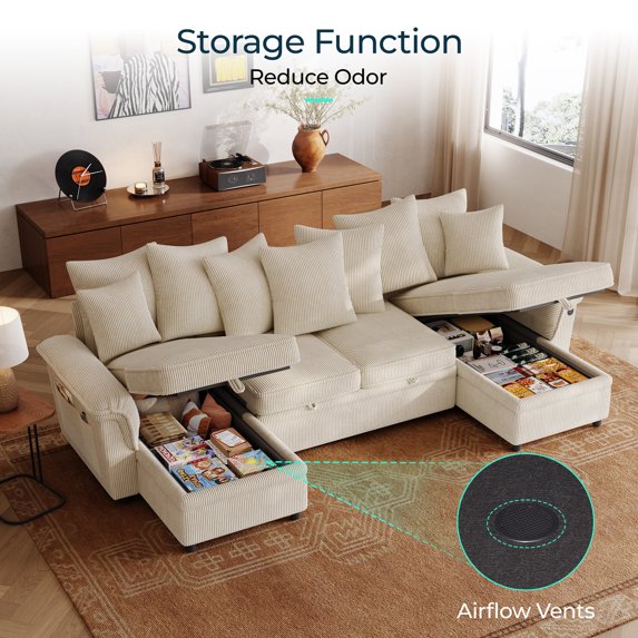 Linsy Home Oversized 119" Sleeper Sofa Bed with Reversible Storage Chaise, Pull Out Couch Bed with USB, Side Pocket & Two Pillows, Beige