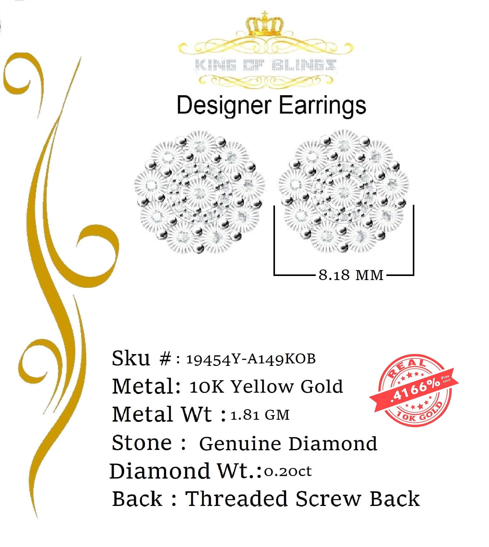 King of Bling's 10K Real Yellow Gold with 0.20CT Real Diamond Men's/Women's stud Floral Earrings