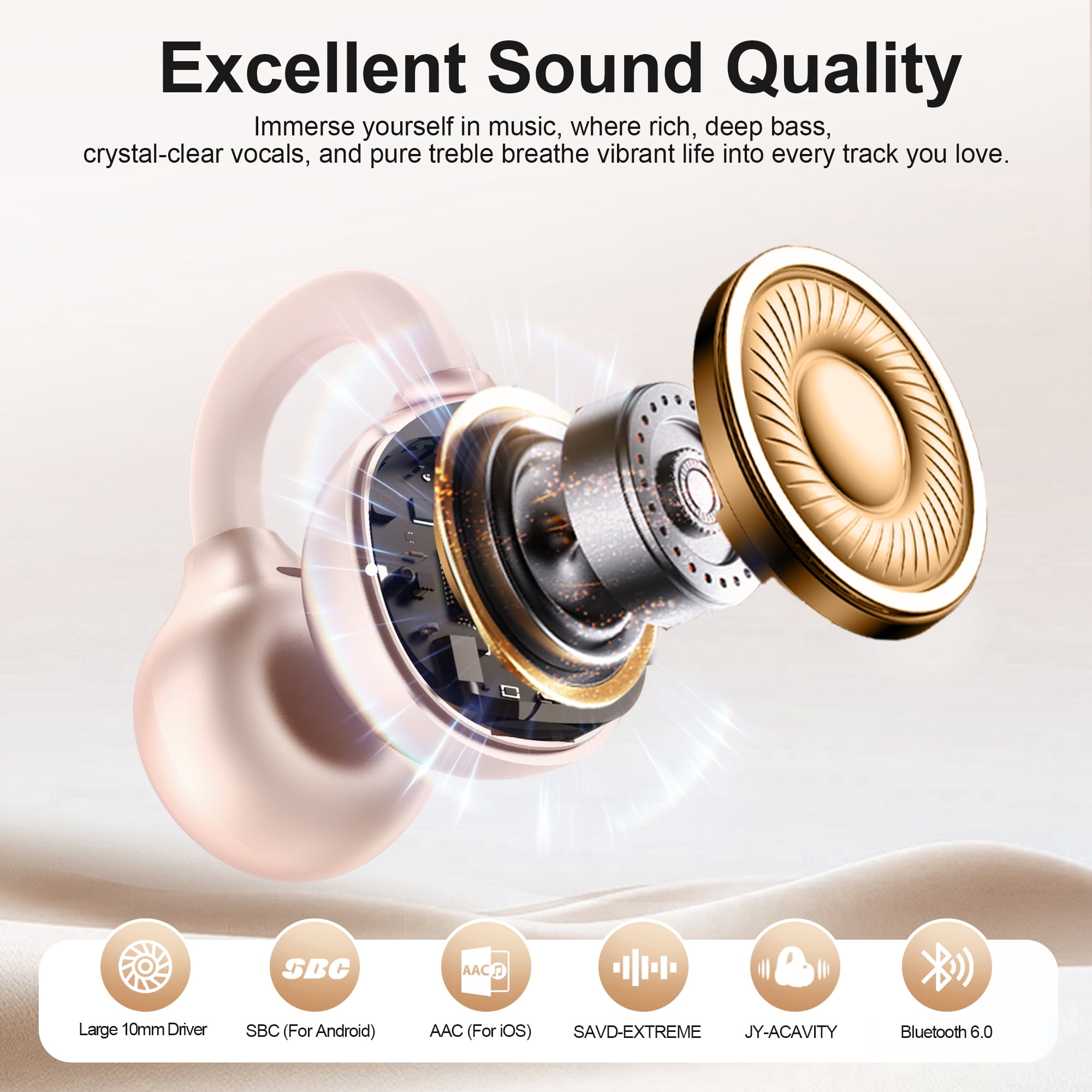 Open-Ear Headphones, Wireless Clip On Earbuds with Touch Screen Charging Case 60H Playtime, Bluetooth 6.0, IPX7 Waterproof, Lightweight Comfort, Stable Fit, Open-Ear Safety Design for Workout/Running