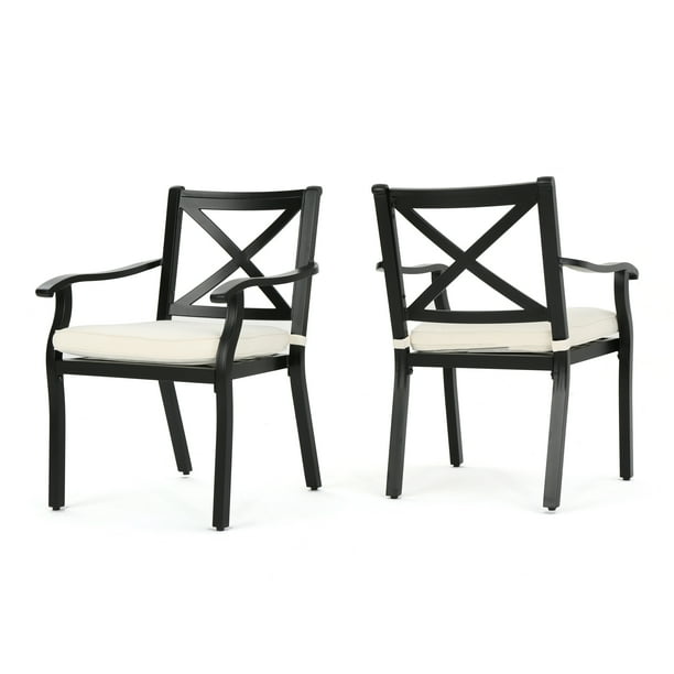 Eowyn Outdoor Cast Aluminum Dining Chairs With Ivory Water Resistant Cushions Set Of 2 Black Com Eowyn Outdoor Cast Aluminum Dining, Black Aluminum Bistro Chairs