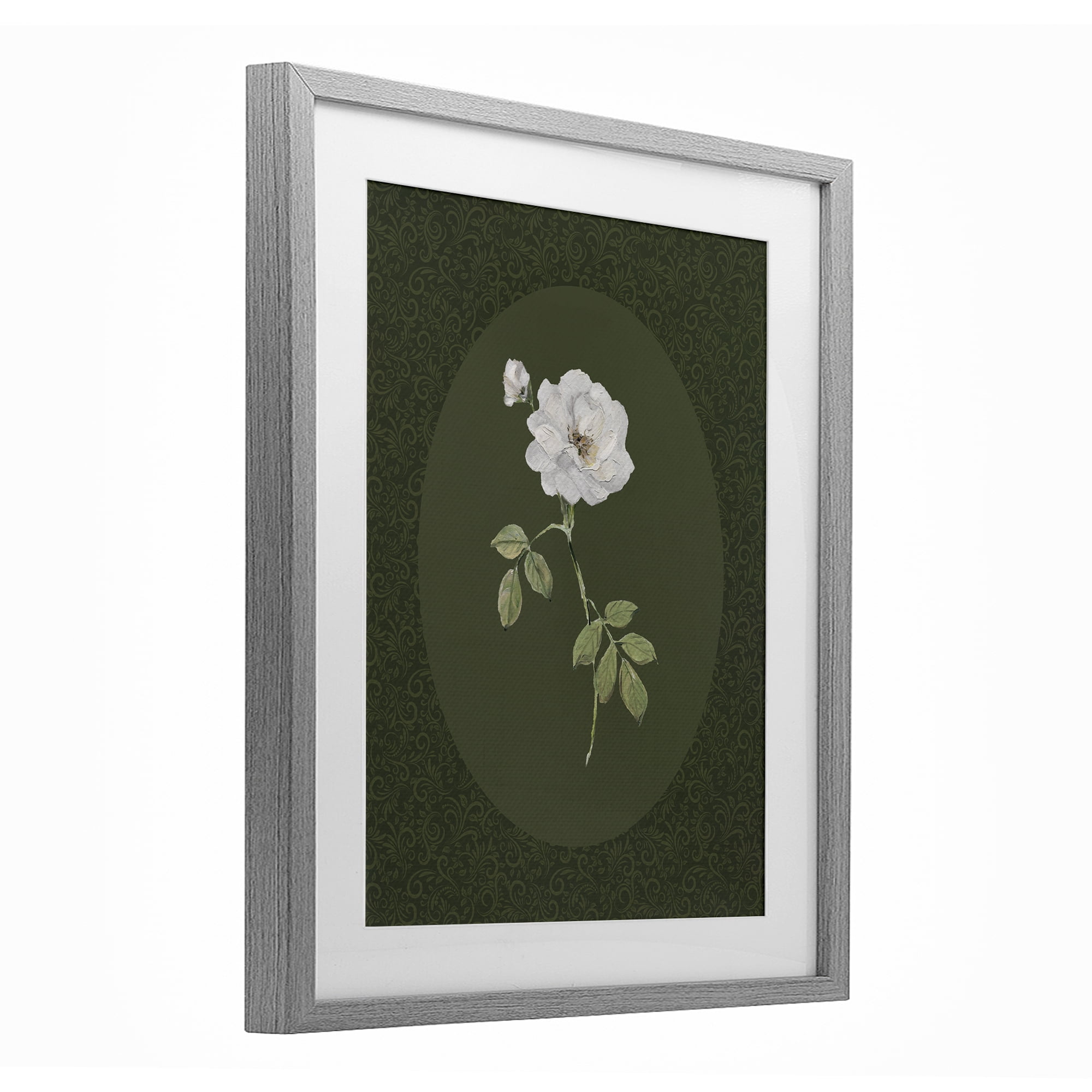 Stupell Industries White Rose on Emerald Gray Framed Print Under Glass, design by Sally Swatland