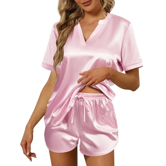 Ekouaer Women Silk Pajamas Set Short Sleeve Satin Sleepwear V-Neck 2 Piece Loungewear