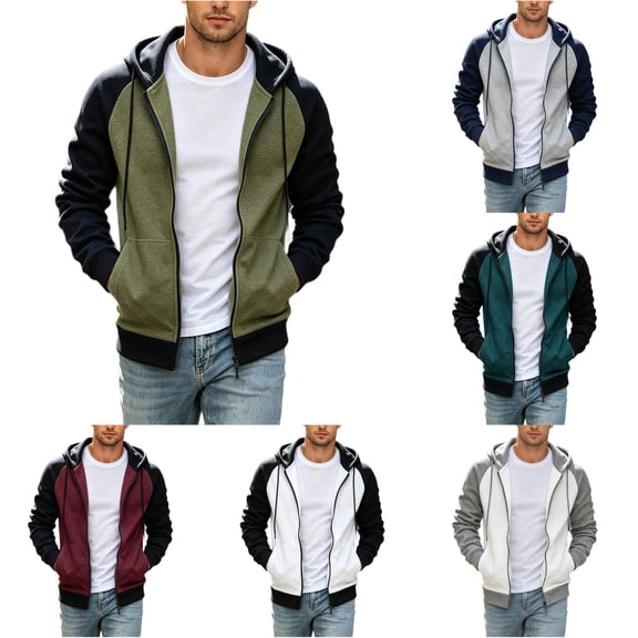 Afdoent Hoodies for Men Color Block Zip Up Hoodie Classic Hooded Sweatshirt with Front Pouch Pocket and Cozy Streetwear
