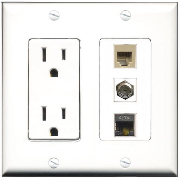 RiteAV - 15 Amp Power Outlet 1 Port Coax 1 Port Phone Beige 1 Port Shielded Cat6 Ethernet Ethernet Decorative Wall Plate