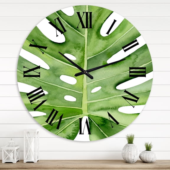 Designart 'Green Monstera Leaf Tropical Palm Botanical Detail' Tropical Wall Clock