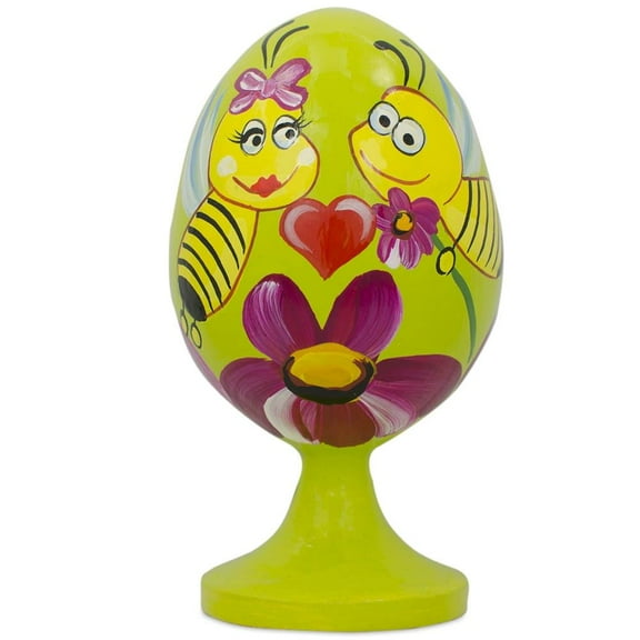 Bees in Love with Valentine's Heart Wooden Easter Egg Figurine
