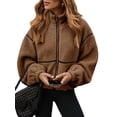 thumbnail image 3 of Women Coat Casual Lapel Full Zip Fleece Jacket Long Sleeve Oversized Warm Winter Outwear with Pockets Brown S, 3 of 7