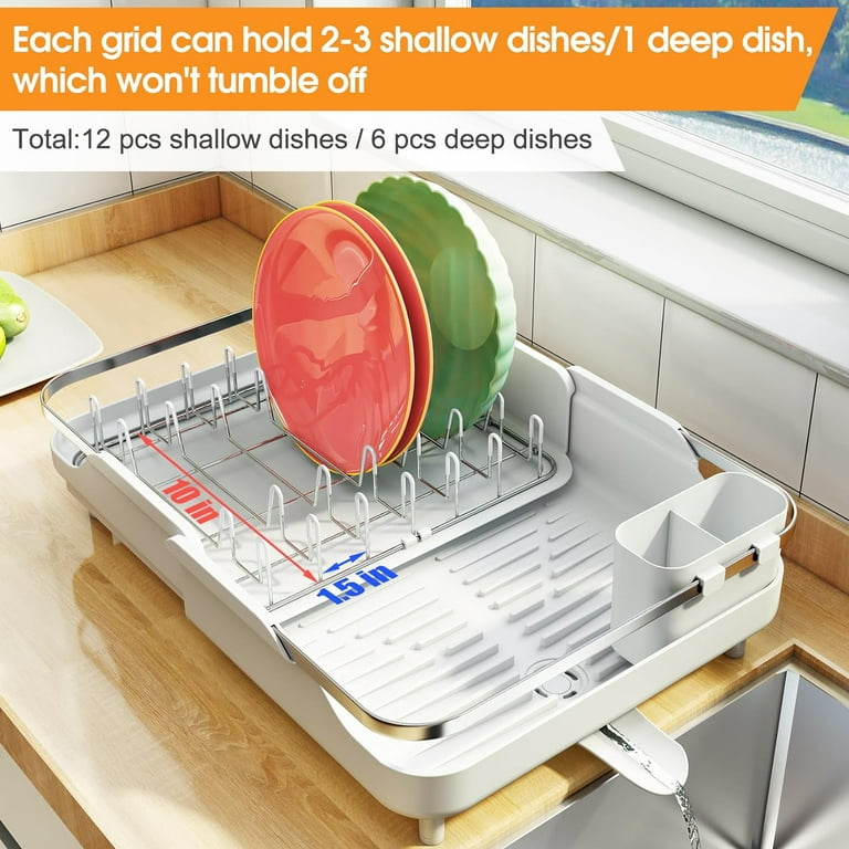 SAYZH Dish Drying Rack - Expandable Dish Rack for Kitchen Counter,  Stainless Steel Dish Drainers with Drainaboard, Cabinet Dry Rack Dishes  with Cup