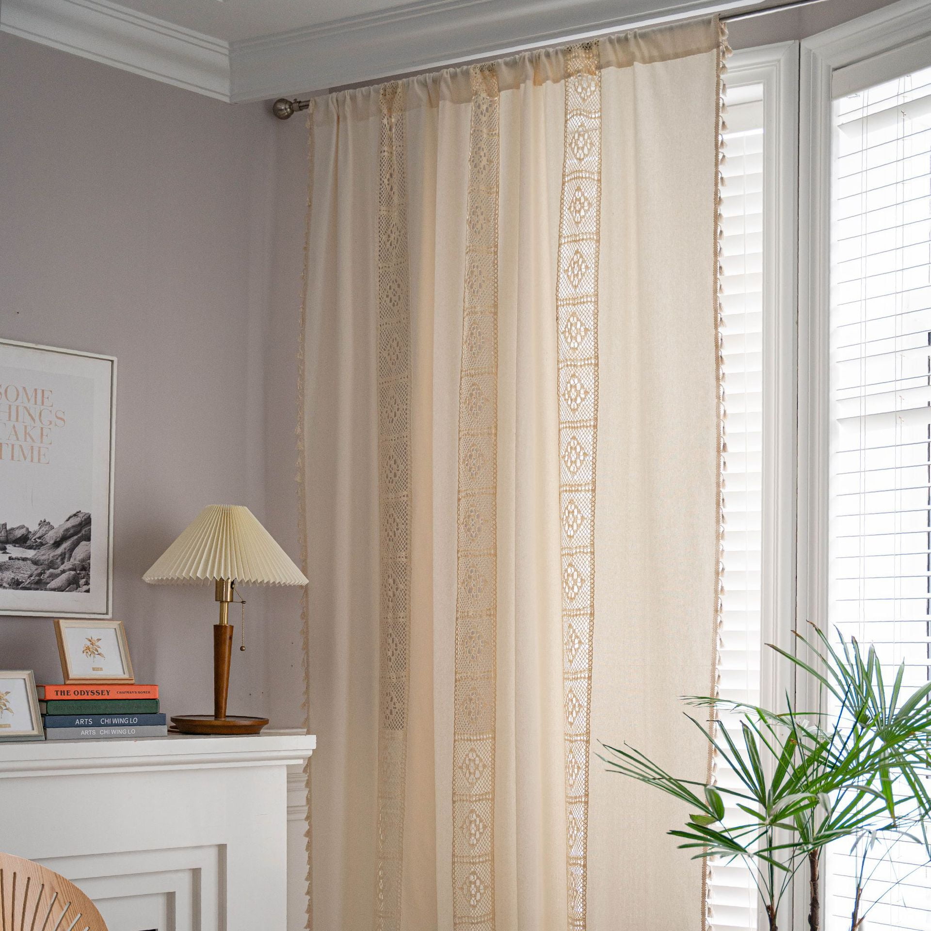 Firefly Hope Farmhouse Semi-Blackout Curtain Panels, Cotton Linen Blend with Vintage Tassel Trim & Hollow Pattern, Rod Pocket Drape for Bedroom, Living Room & Patio（1 Panel，51.1*59in,A64）