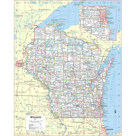 Wisconsin State Wall Map Large Print 24" Wx30 H - rolled Laminated