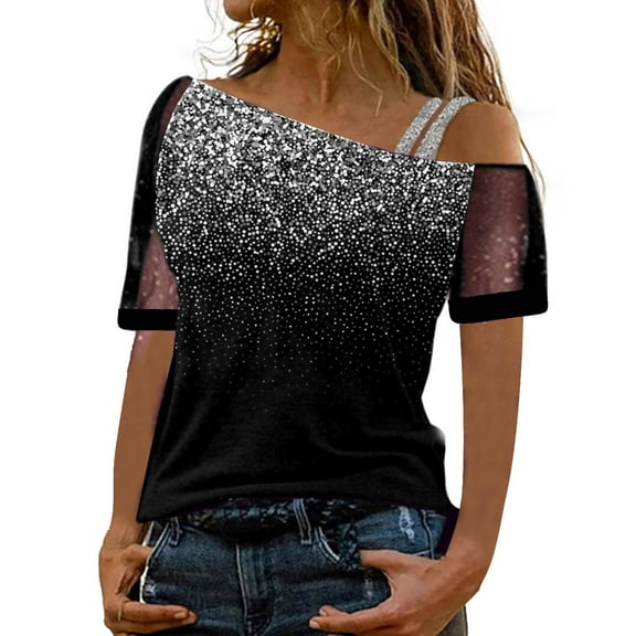 JeashCHAT Women's Vintage Top Sequin Short Sleeve Mesh Tops Print Casual Splice Shoulder Blouse Women Cold Loose Sleeve T Shirt