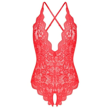 Qcmgmg Teddy Lingerie for Women Floral Lace Bodysuit Scallop Trim One Piece Babydoll