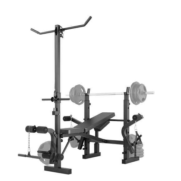 7-in-1 Adjustable Weight Bench Press Set with Squat Rack, Leg Extension, Preacher Curly Pad & Lat Pulldown – Collapsible Flat Incline Strength Training Station for Home Gym – Black