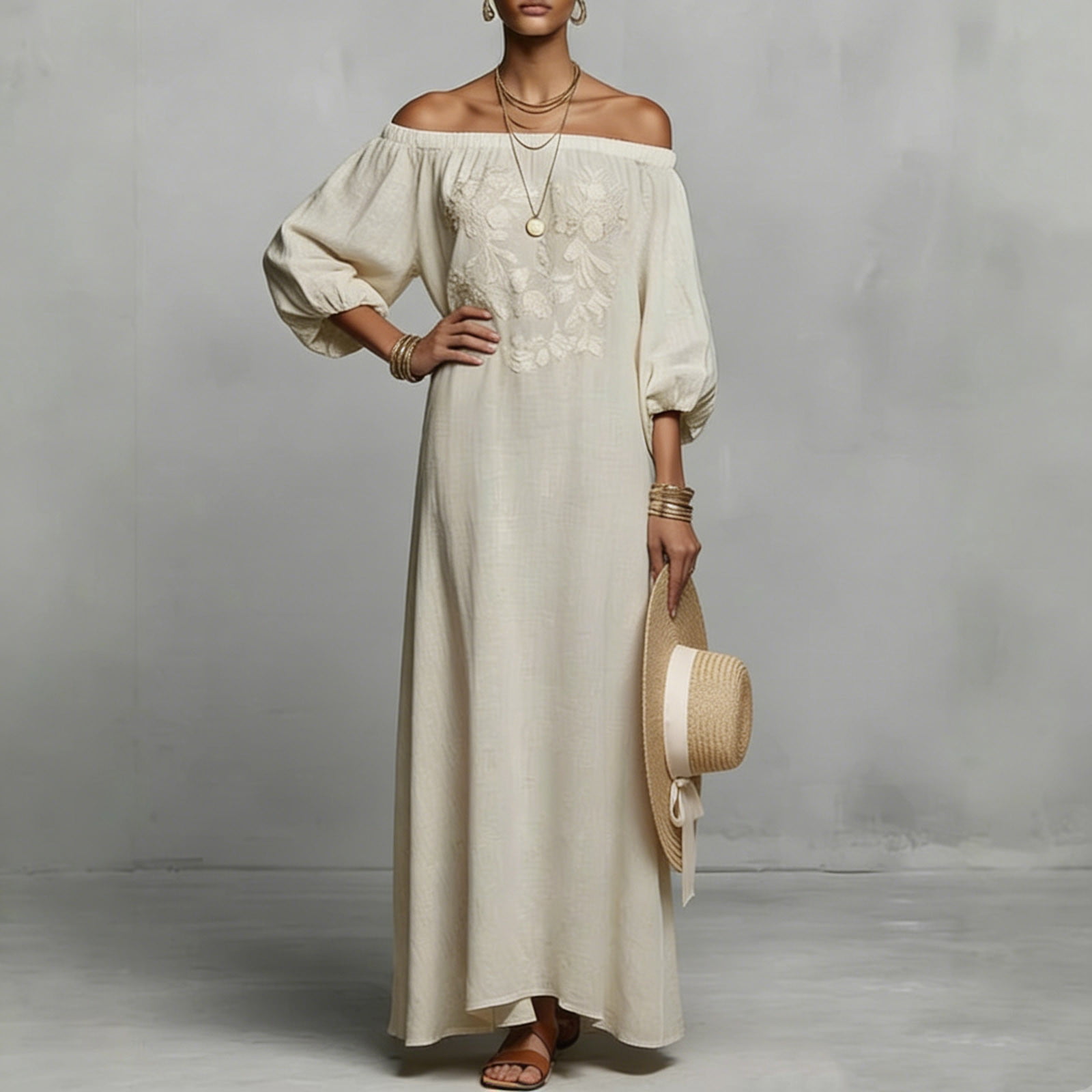 Off The Shoulder Dress for Women Floral Embroidered Puff 3/4 Sleeve Boho Maxi Dresses Casual Loose Fit Long Dress