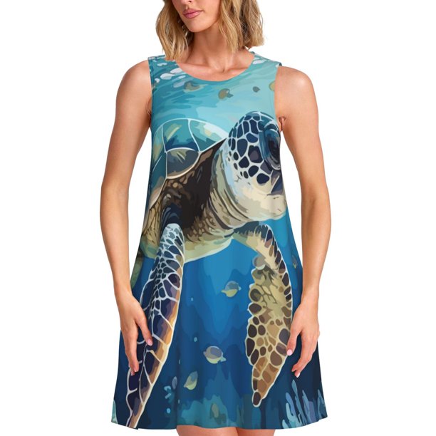 Balery Watercolor Turtle Vestidos de verano para mujer con estampado: vestido holgado sin mangas, vestido playero informal y cómodo para días calurosos.