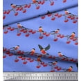 thumbnail image 2 of Soimoi Blue Cotton Poplin Fabric Red Berries & Bullfinch Bird Print Fabric by the Yard 42 Inch Wide, 2 of 3