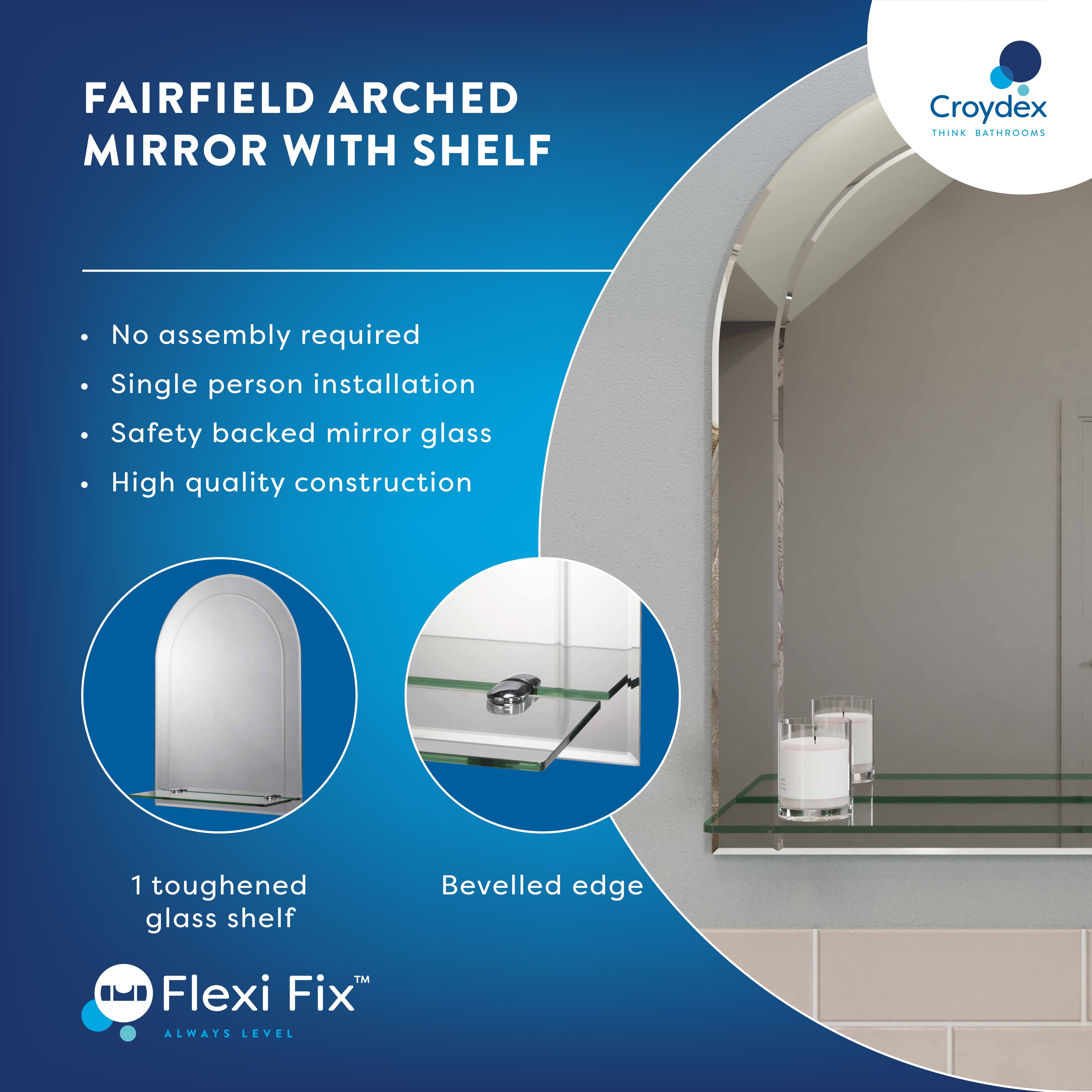 Croydex Fairfield Easy Install, Arch Bathroom Mirror with Single Shelf