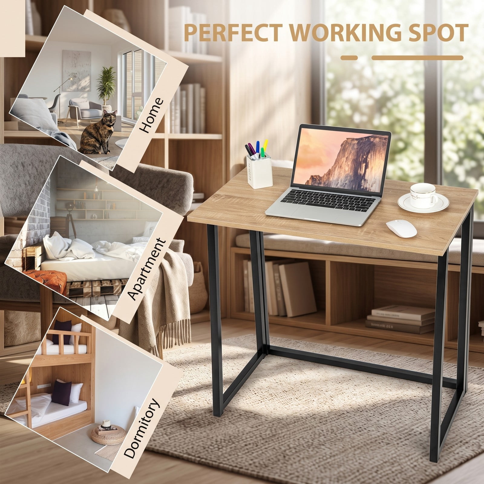 Furnibear Folding Computer Desk 31 Inch Small Desk for Home Office, Space-Saving Writing Study Desk with Metal Frame, Natural