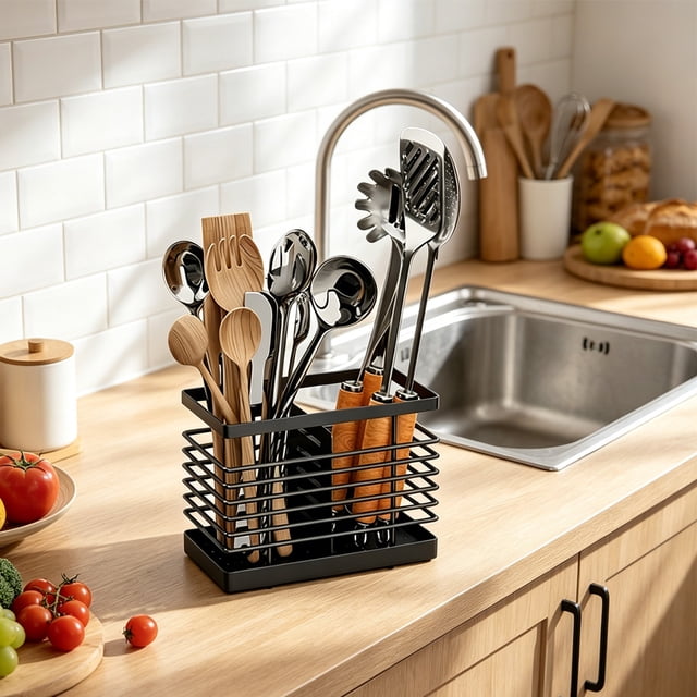 ZZkhGO Wall-Mounted Chopstick Utensil Drainer Storage Rack, Iron Kitchen Organizer with Removable Tray, Multi-Purpose Hanging Caddy for Home Countertop, Black