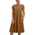 thumbnail image 2 of Patlollav Womens Casual Summer Cotton Linen Solid Color Round Neck Short Sleeve Dress Midi Dress, 2 of 6