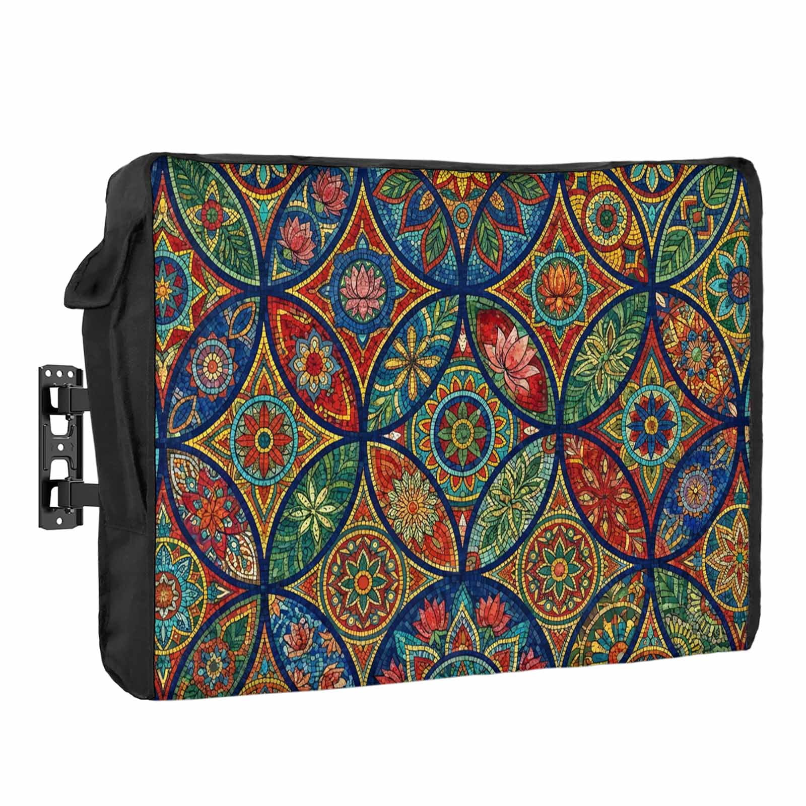Bohemian Colorful Floral Waterproof Outdoor TV Cover Boho Tribal Ethnic Abstract Geometric Flower Outside Weatherproof TV Enclosures for 48 to 50 Inch LCD Television Shield Flat Screen Protectors