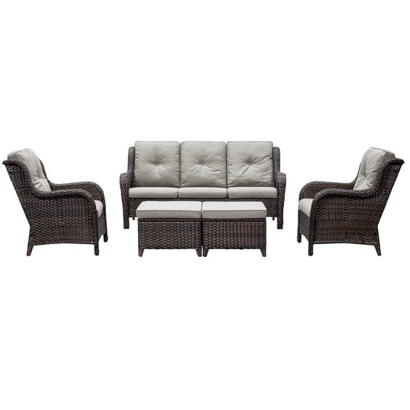 PARKWELL Outdoor Patio Wicker Furniture Set - 5 Piece Sectional Sofa Set with 3-Seat Sofa,2 Chairs and 2 Ottomans,Brown Wicker and Gray Cushion