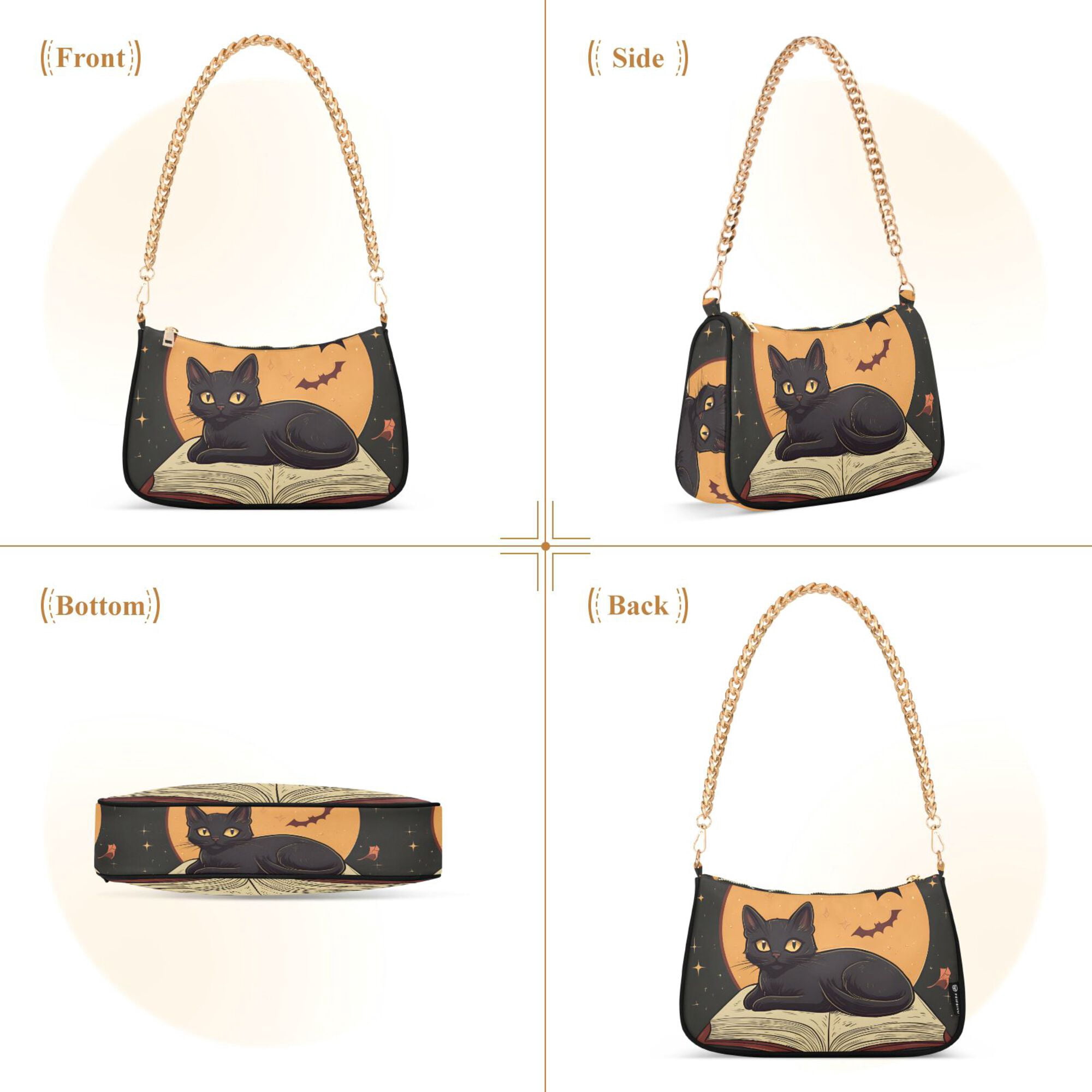 FORMRS Womens Shoulder Bag with Chain Strap Clutch Purse Cute Tote Handbag, Orange Halloween Cat