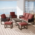 thumbnail image 3 of EAGLE PEAK 6 Pieces Natural Real Wood Cedar Outdoor Patio Conversation Set Spacious Seat Dining Chair & Sofa Set with Red Cushions, Slat Top Rectangular Coffee Table, Ottomans, 3 of 10