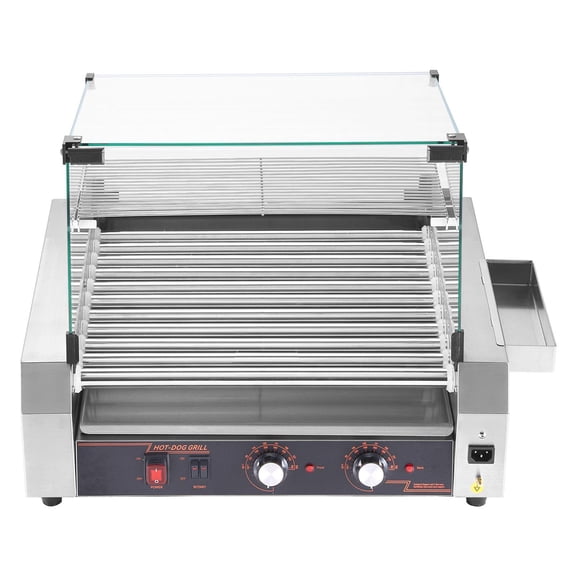 Commercial Hot Dog Roller Machine 1600W Dual Temperature Control 11 Stainless Steel Rollers 30 Hot Dogs Capacity with Lid Side Storage Box Removable Shelf Drip Tray