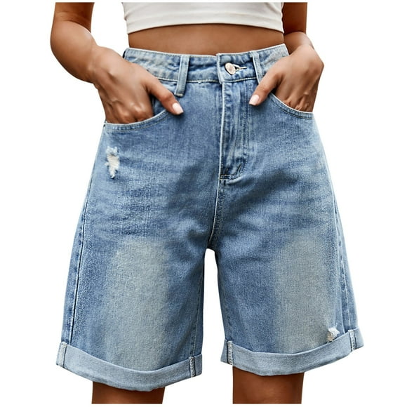 LOVZFMLL Women's Denim Shorts, Women's Relaxed Fit Classic Ripped Folded Hem Jean Shorts, Women's Half Shorts Bermuda Shorts Light Blue XXL