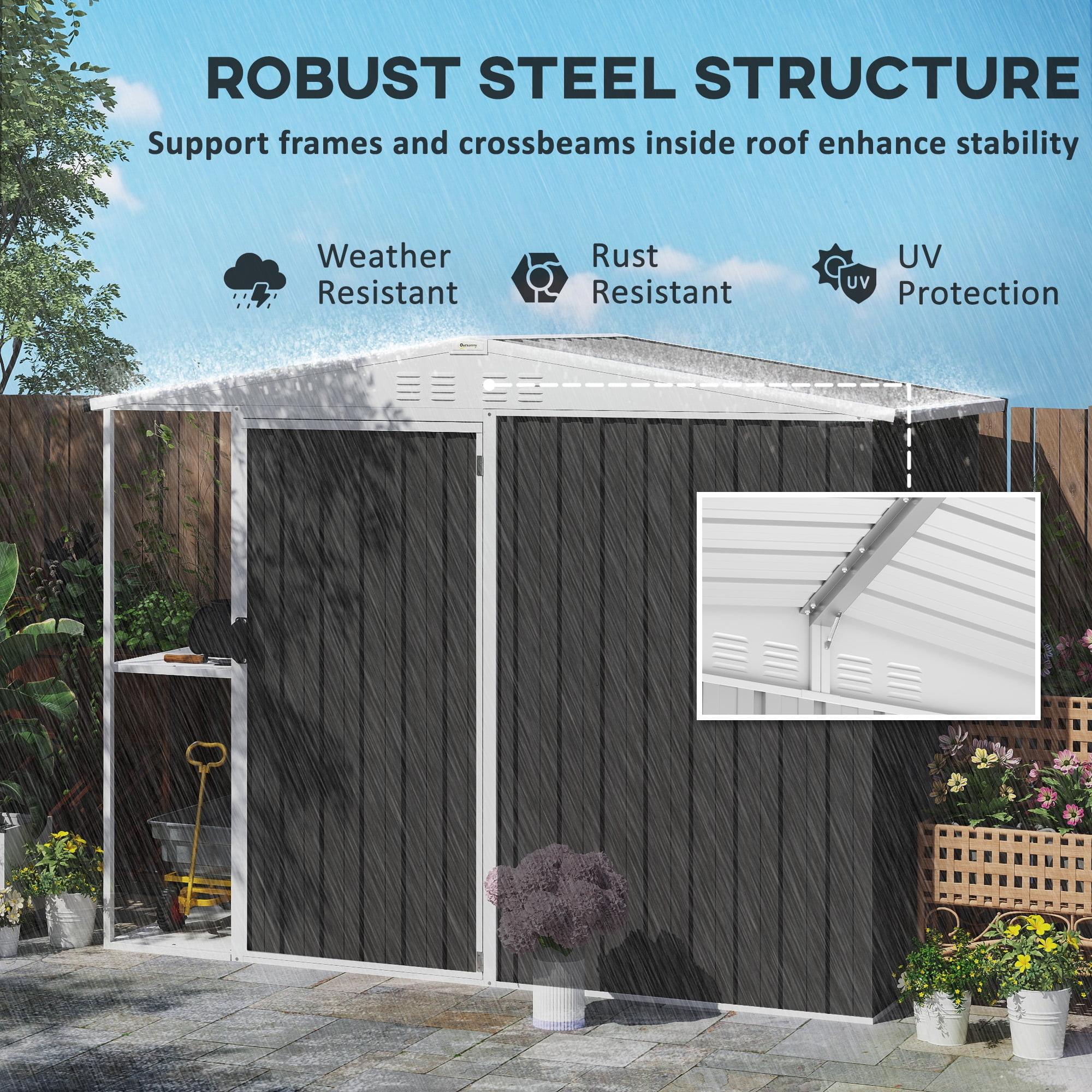Outsunny 8 x 4ft Garden Storage Shed, Outdoor Metal Tool Shed with 2-Tier Storage Rack, Vents and Lock for Backyard, Patio, Lawn, Dark Gray