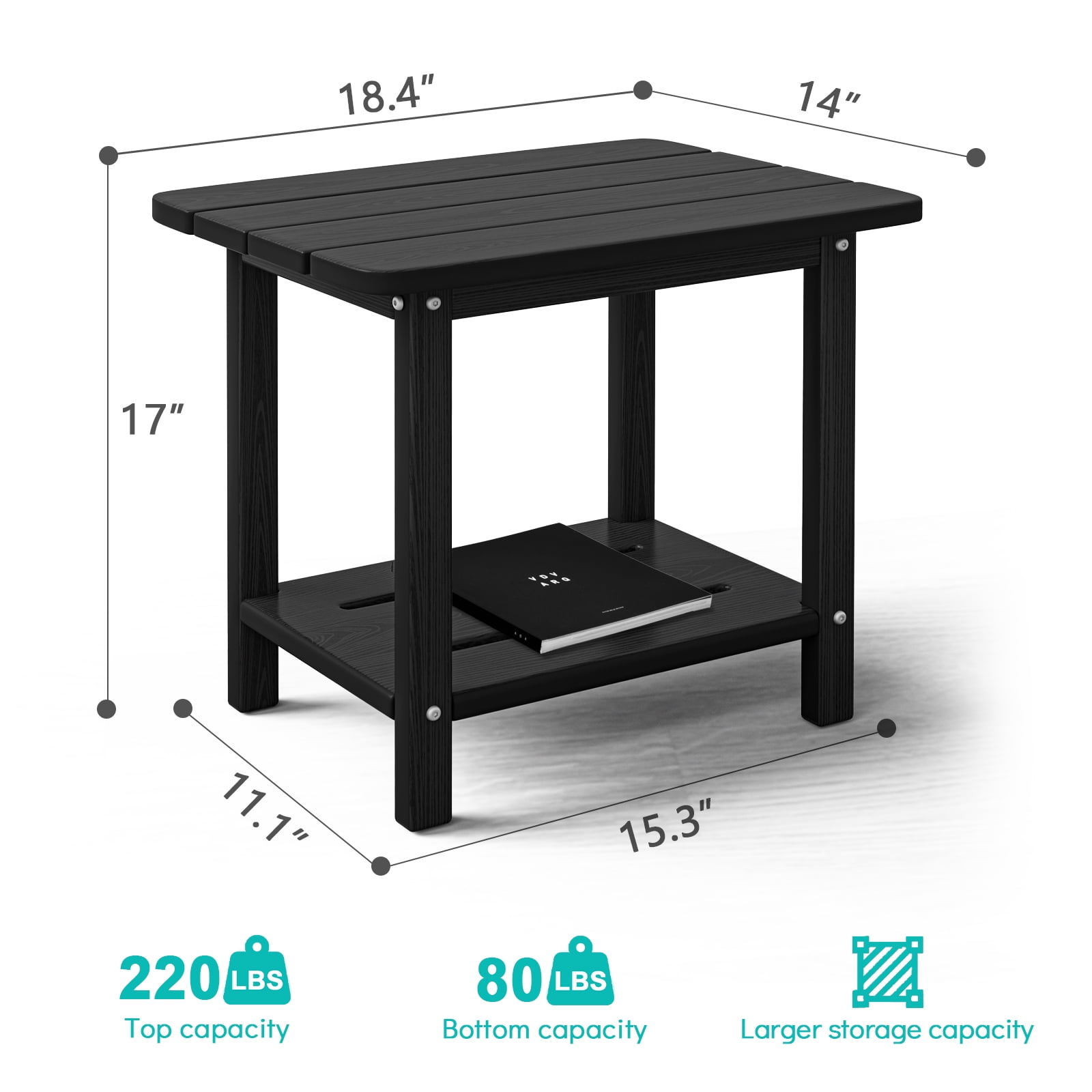 Cobiod 14 x 18.4 Inch Double Tier All Weather Patio End Table HDPE Outdoor End Table for Porch Lawn Poolside Fire Pit Durable Fits Adirondack Chairs,Black
