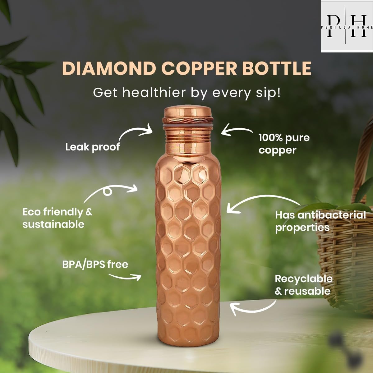 Perilla Home 100% Diamond 1 Litre Pure Copper Bottle With Leak Proof Contains Ayurveda Health Benefits For Drinking Water For Men Women Gym Yoga | Travelling | Hiking | Indoor | Outdoor | Office |