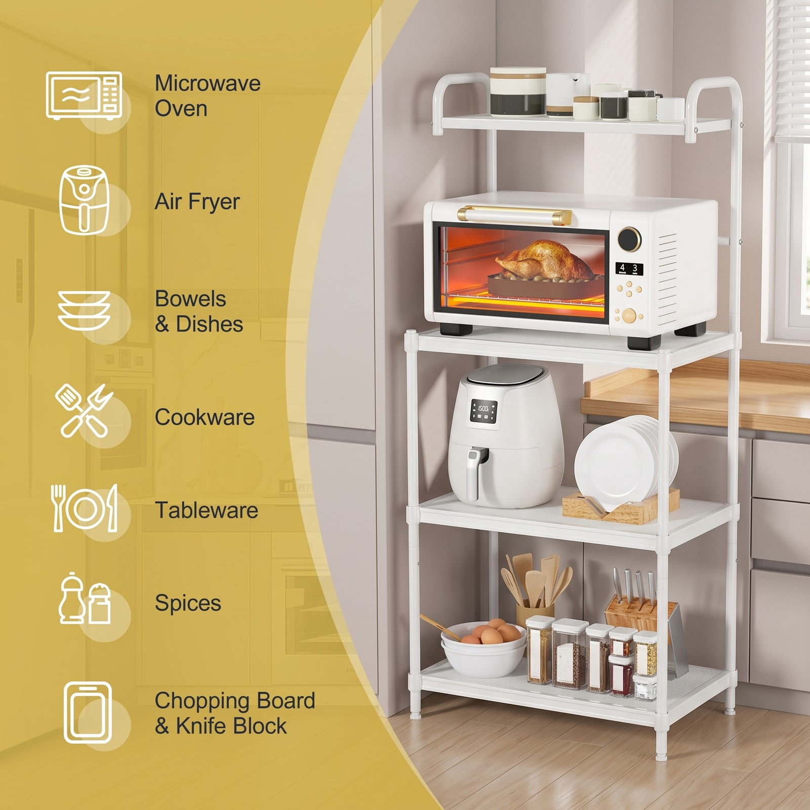 RUIE 4-Tier Kitchen Baker's Rack, Freestanding Microwave Oven Storage Shelf Organizer, Heavy-Duty Iron Utility Stand for Kitchen Pantry Living Room, White