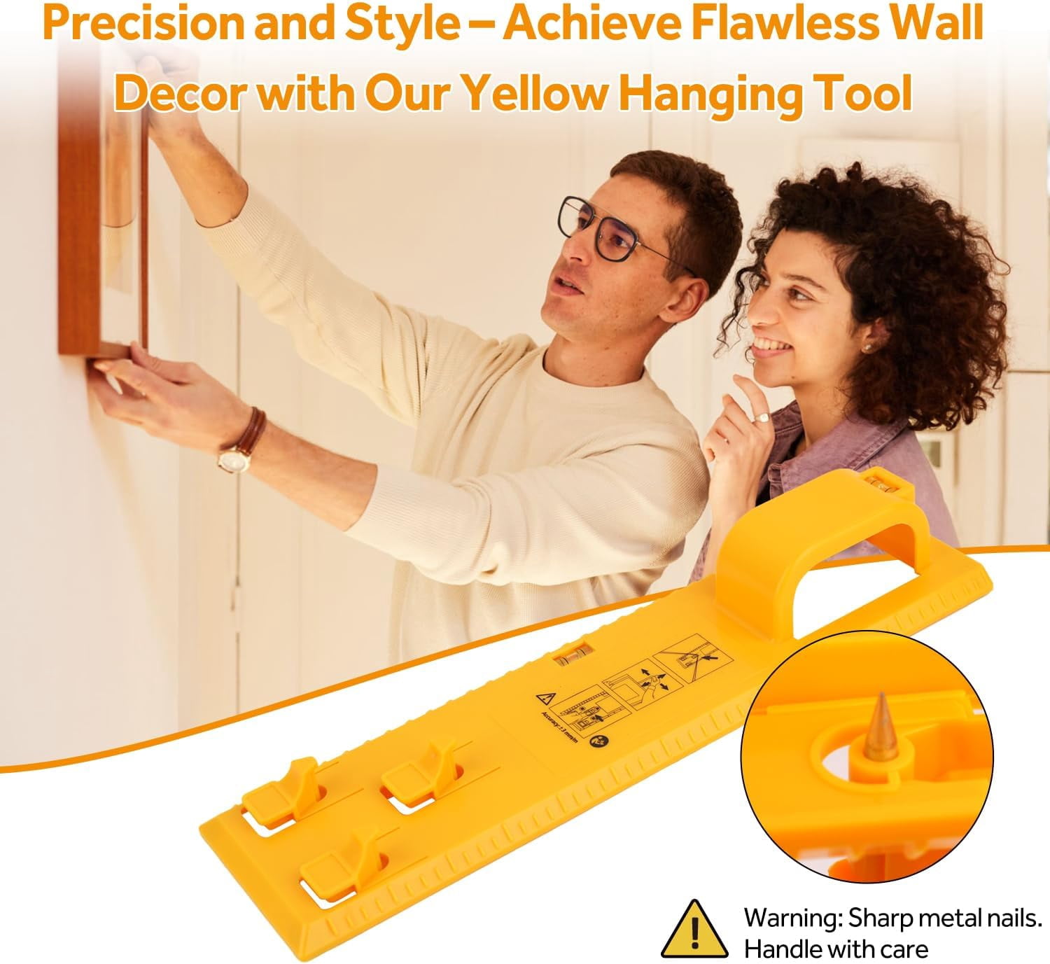 JJEAN-Upgraded Picture Hanging Kit with a Box of Hooks, Heavy Duty Wall Hanger Tool with Bubble Level & Positioning Guide, Frame, Art, Photo Mounting Solution for Drywall, Brick, Wood