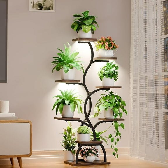 Plant Stand Indoor with Grow Light - 8 Tiered Plant Shelf Indoor, Corner Plant Stand, 49" Tall Plant Shelf with Lights for Indoor Growing, Lighted Flower Holder for Living Room, Balcony, Black