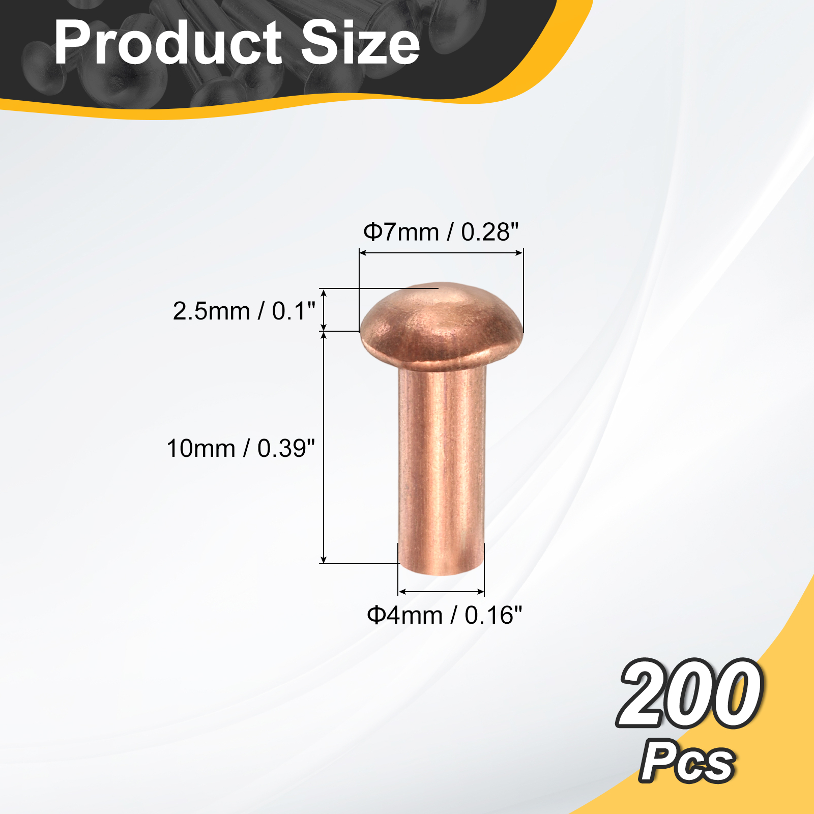200 Pack Copper Solid Rivets, 0.16"x0.39" Half Round Head Rivet Metal Fasteners