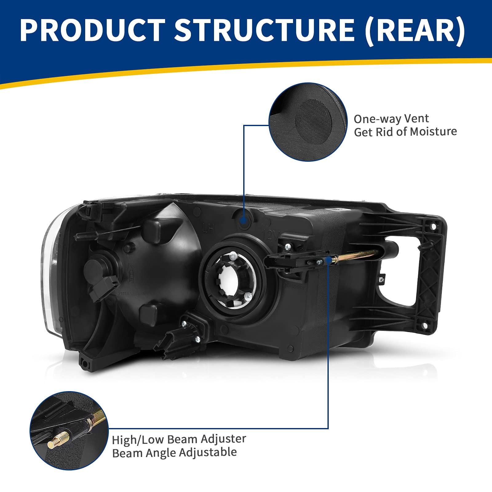 RVNI Headlights For 2002-2005 Dodge Ram 1500 2500 3500 Chrome Housing Headlamps Pair