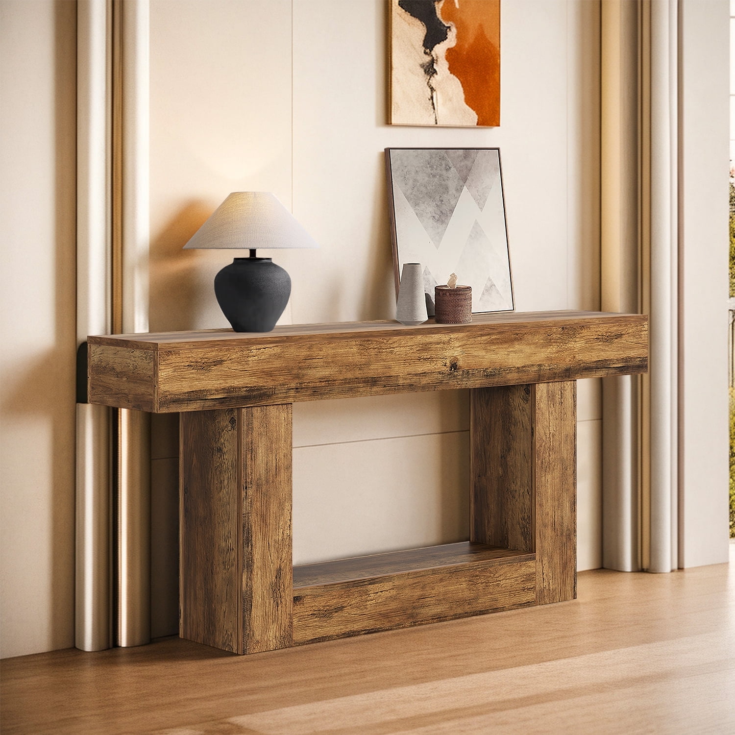 Demi Bonn 63" Wood Console Table, Farmhouse 2-Tier Sofa Table Entryway Table, Foyer Display Table, Brown