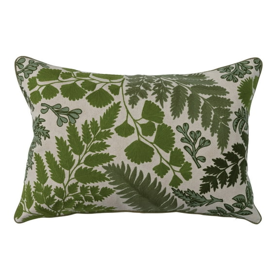Creative Co-Op Cotton Embroidered Lumbar Pillow with Botanical Prints, Green and Natural