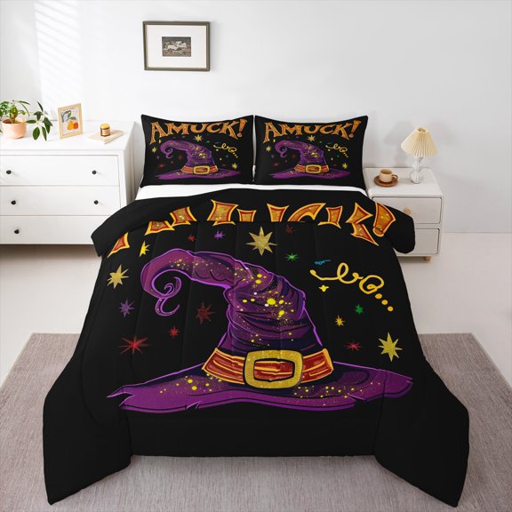 jejeloiu Witch Hats Bedding Comforter Set,Amuck Halloween Day Twin Comforter Sets,Purple Orange Black Bedding Set For Girls,Ultra Soft Home Decor Reversible,2-Piece