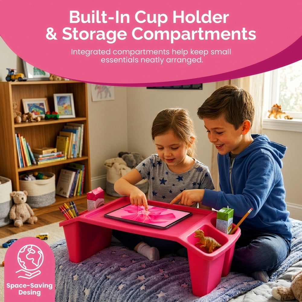 Basicwise Pink Activity Desk Table with Built-In Cup Holder and Storage Compartments, Multipurpose Lap Tray for Home Learning, Art Activities, Snack Time, Reading, Floor-Based Tasks