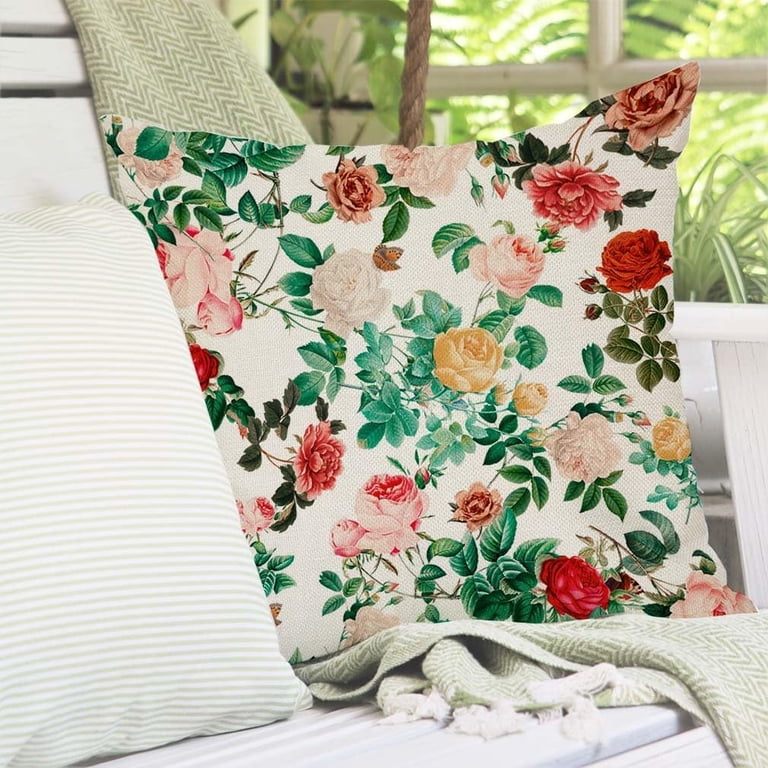 Vintage Botanical Leaf Pillow Cover 18x18 Inch - Tropical Floral Fern Print, Flannel Farmhouse Decor For Sofa Bed